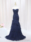 Sexy Navy Blue Mermaid Tulle Strapless Pleats Prom Dress
