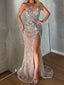 Sexy One-Shoulder Beaded Decorate See-Through Split-Side Evening Dress Prom Dress