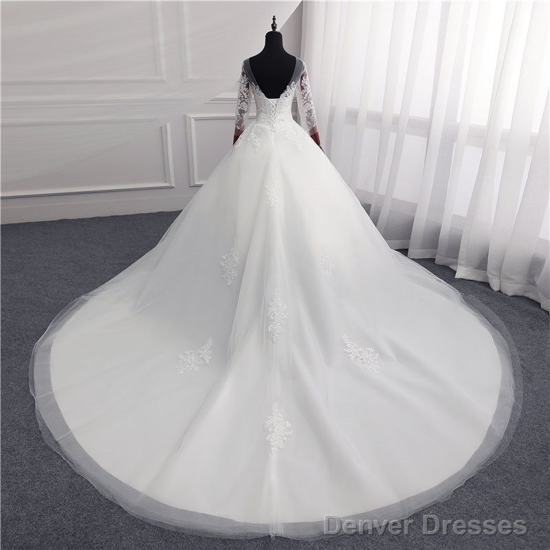 Sexy Open Back Lace Ball Gown Wedding Dresses Appliques Sleeves