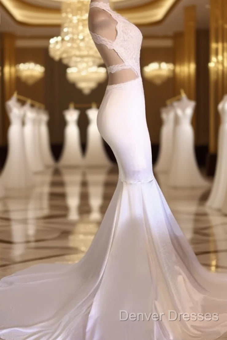 Sexy Open Back White Jersy Prom Dress With High Collar