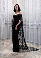 Black Noble And Elegant Mermaid Slim Lace Cape Elegant Long Floor-Length Trailing Ball Gown Evening Dress Party Dress