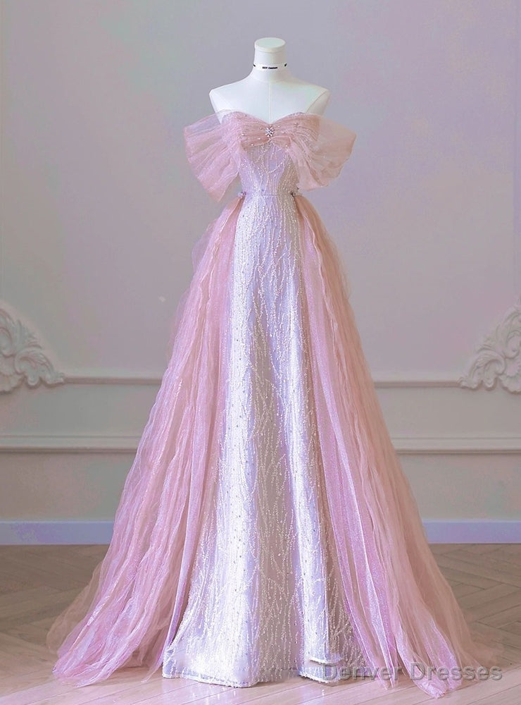 Sexy Pink Mermaid Tulle Sequins Off the Shoulder Prom Dress Main image