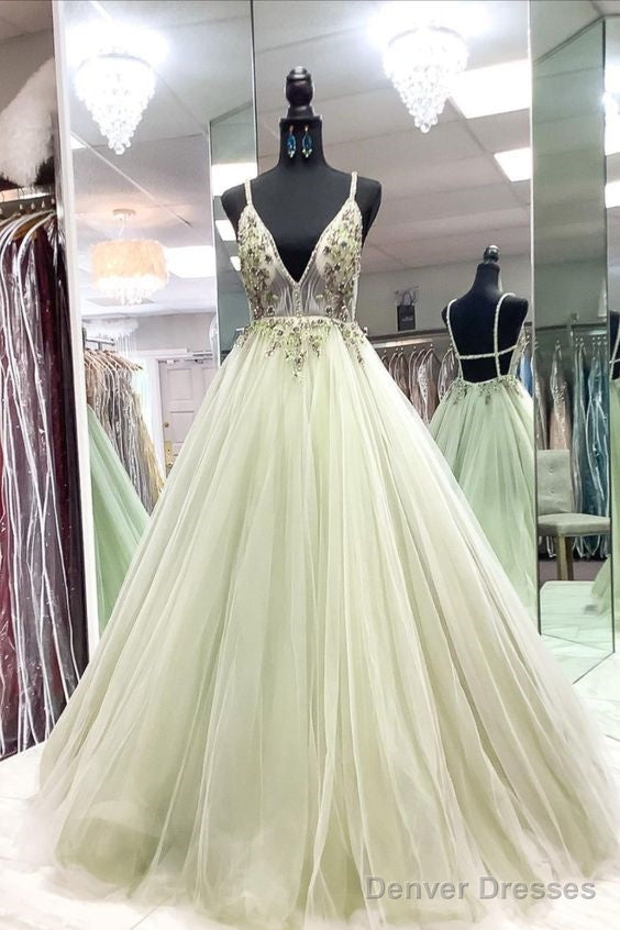 Sexy Plunge Sage Green Tulle Long Formal Dress Party Prom Dress With Open Back
