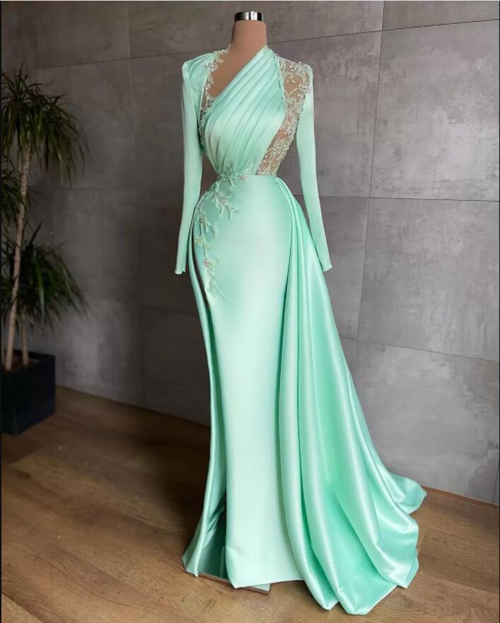 Sexy Prom Dress Plus Size Arabic Aso Ebi Mermaid Prom Dress Lace Beaded Illusion Satin Floor Length Party Evening Wear Main image