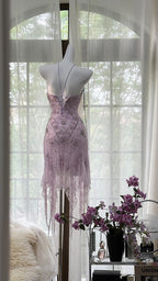 Sexy Purple Lace Tube Top Beaded Earrings Curled Skirt Prom Dress