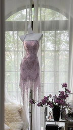 Sexy Purple Lace Tube Top Beaded Earrings Curled Skirt Prom Dress