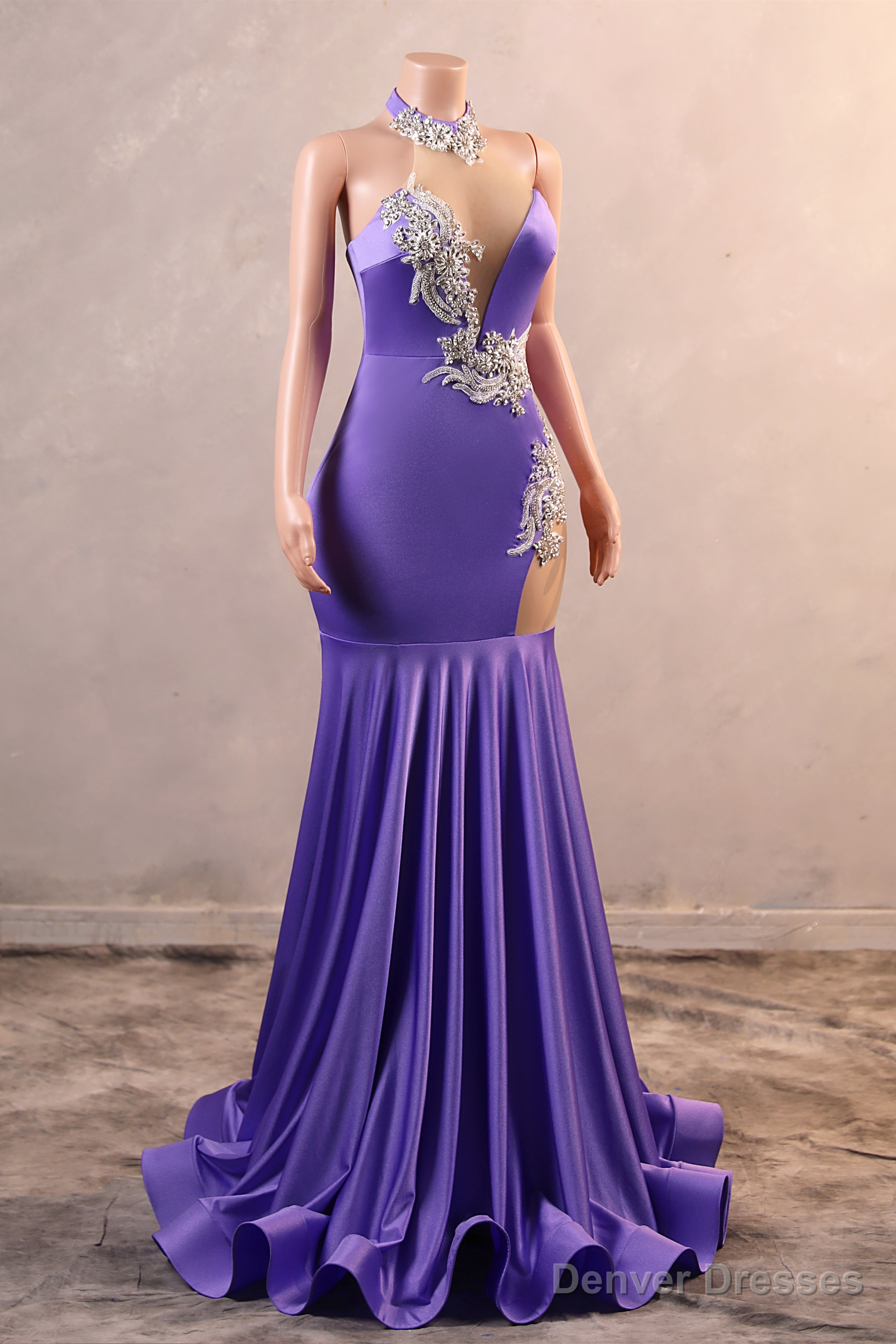 Sexy Purple Mermaid Prom Dresses Heavily Beading Women Evening Dresses Halter Neck
