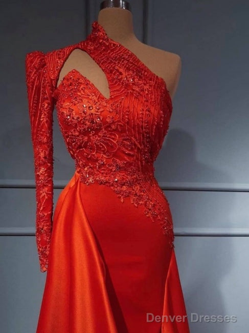 Sexy Red Cut Out One Shoulder Long Sleeves Satin Prom Formal Dress Secondary image