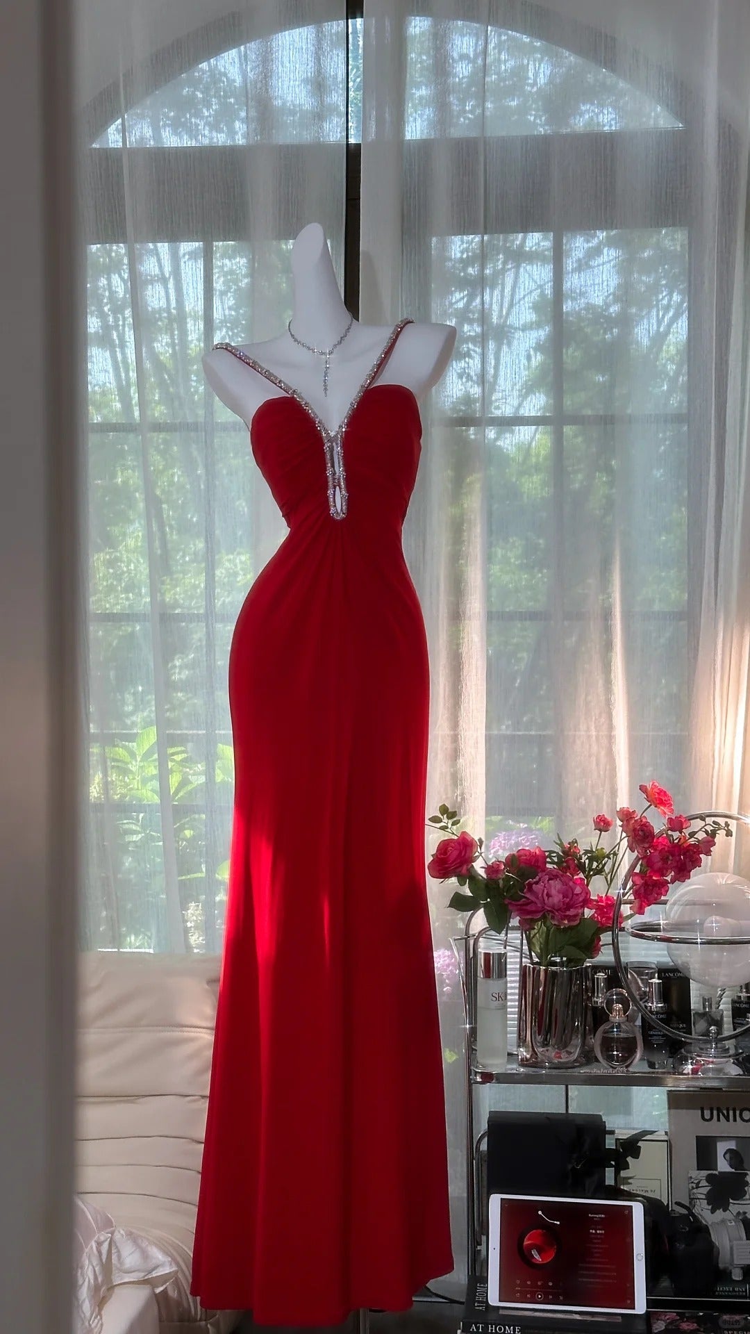 Sexy Red Halter Neck Beaded Backless Chiffon Prom Dress Secondary image