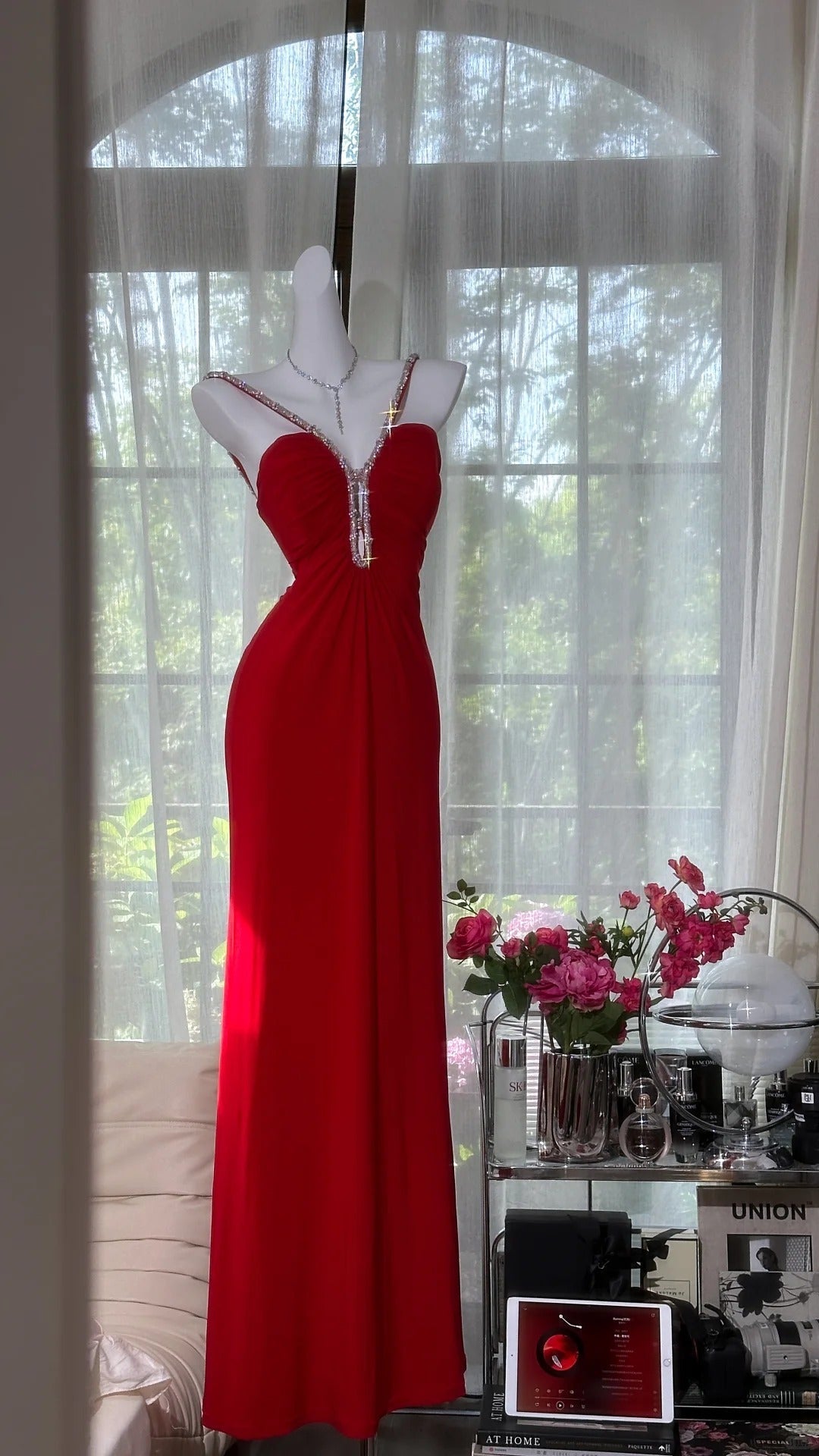 Sexy Red Halter Neck Beaded Backless Chiffon Prom Dress