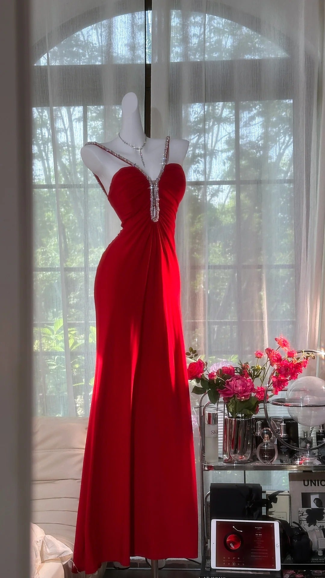 Sexy Red Halter Neck Beaded Backless Chiffon Prom Dress Main image