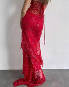 Sexy Red Lace Sequin Long Evening Prom Dress