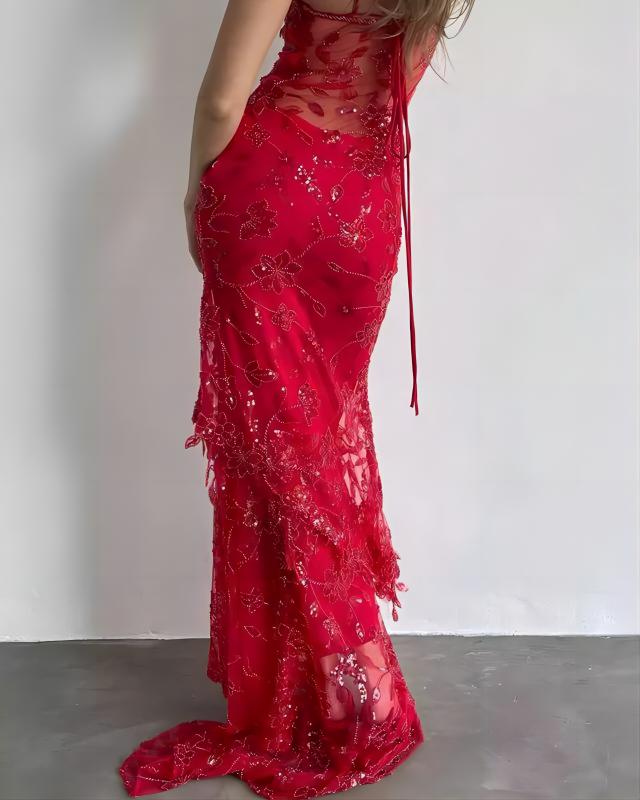 Sexy Red Lace Sequin Long Evening Prom Dress