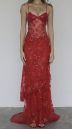 Sexy Red Lace Sequin Long Evening Prom Dress