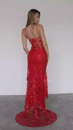 Sexy Red Lace Sequin Long Evening Prom Dress