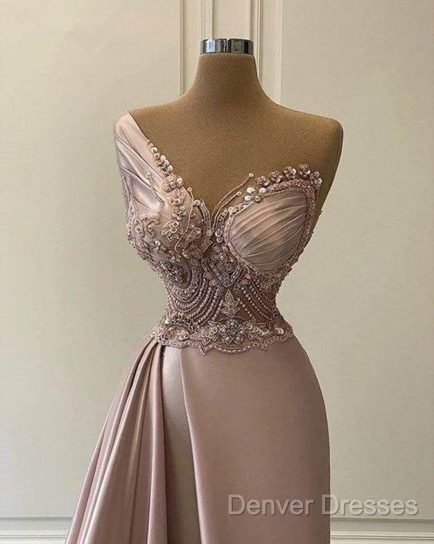 Sexy Robe De Soiree A-Line One-Shoulder Floor Length Beaded Slit Long Prom Dress Prom Gown Evening Dress