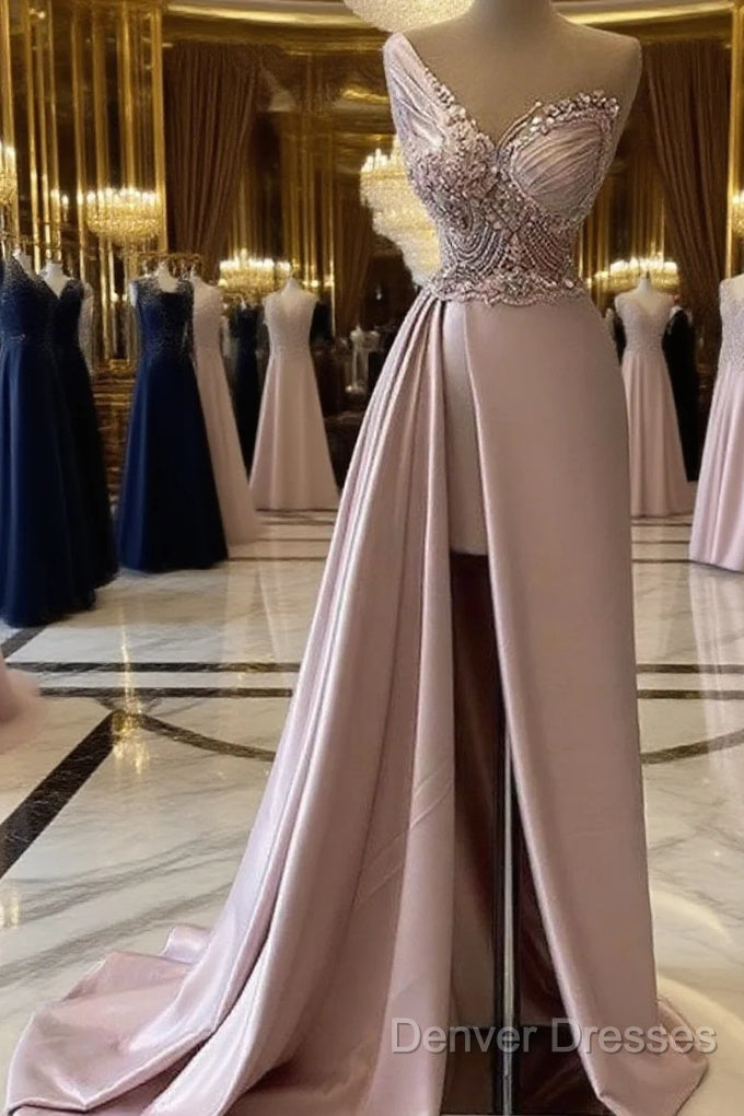 Sexy Robe De Soiree A-Line One-Shoulder Floor Length Beaded Slit Long Prom Dress Prom Gown Evening Dress