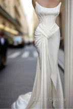 Sexy Robe De Soiree Mermaid Scoop Floor Length Satin Slit Long Prom Dress Prom Gown Evening Dress