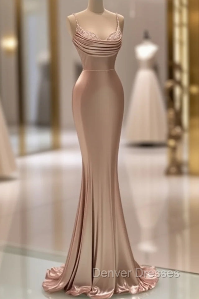 Sexy Rose Gold Mermaid Spaghetti Straps Maxi Long Prom Dress Online