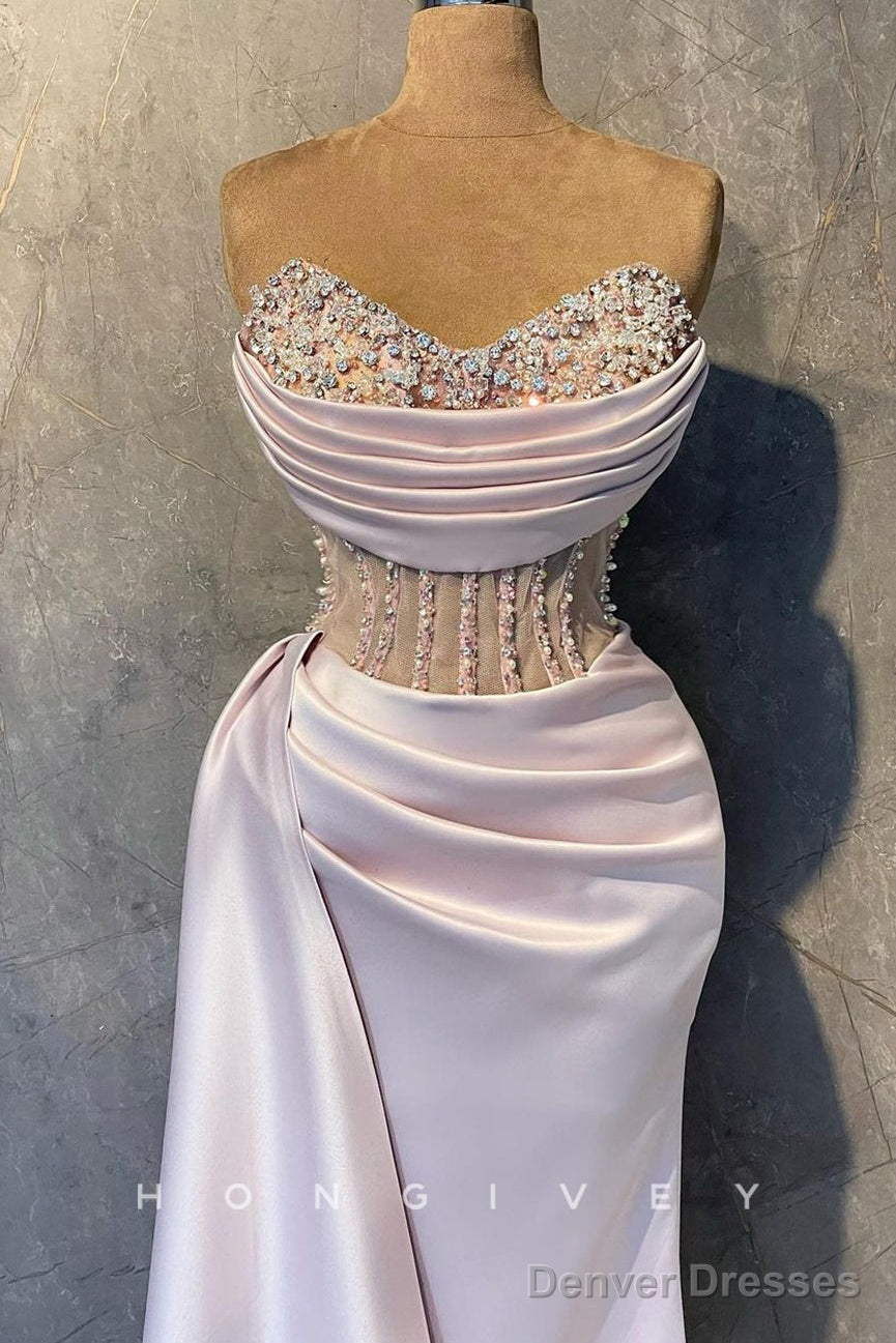Sexy Satin Fitted V-Neck Strapless Illusion Empire Beaded Pleats With Side Slit Party Prom Evening Dress Secondary image