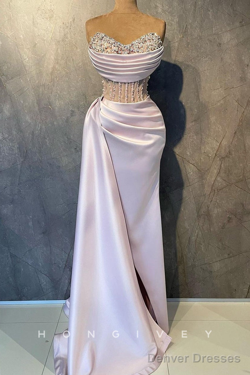 Sexy Satin Fitted V-Neck Strapless Illusion Empire Beaded Pleats With Side Slit Party Prom Evening Dress
