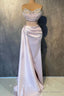 Sexy Satin Fitted V-Neck Strapless Illusion Empire Beaded Pleats With Side Slit Party Prom Evening Dress