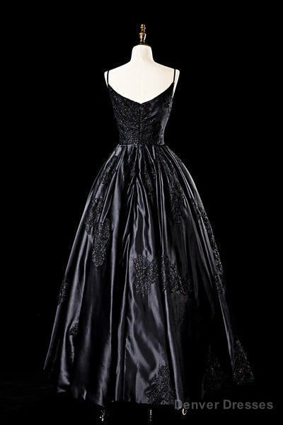 Sexy Satin Spaghetti Strap Black Wedding Gown A Line Party Evening Dress Formal Prom Dress Secondary image