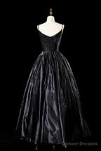 Sexy Satin Spaghetti Strap Black Wedding Gown A Line Party Evening Dress Formal Prom Dress