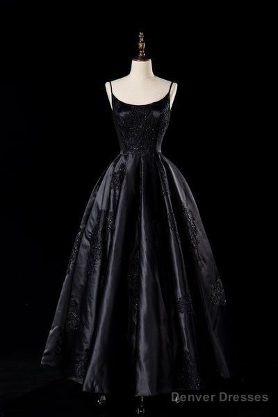 Sexy Satin Spaghetti Strap Black Wedding Gown A Line Party Evening Dress Formal Prom Dress Main image