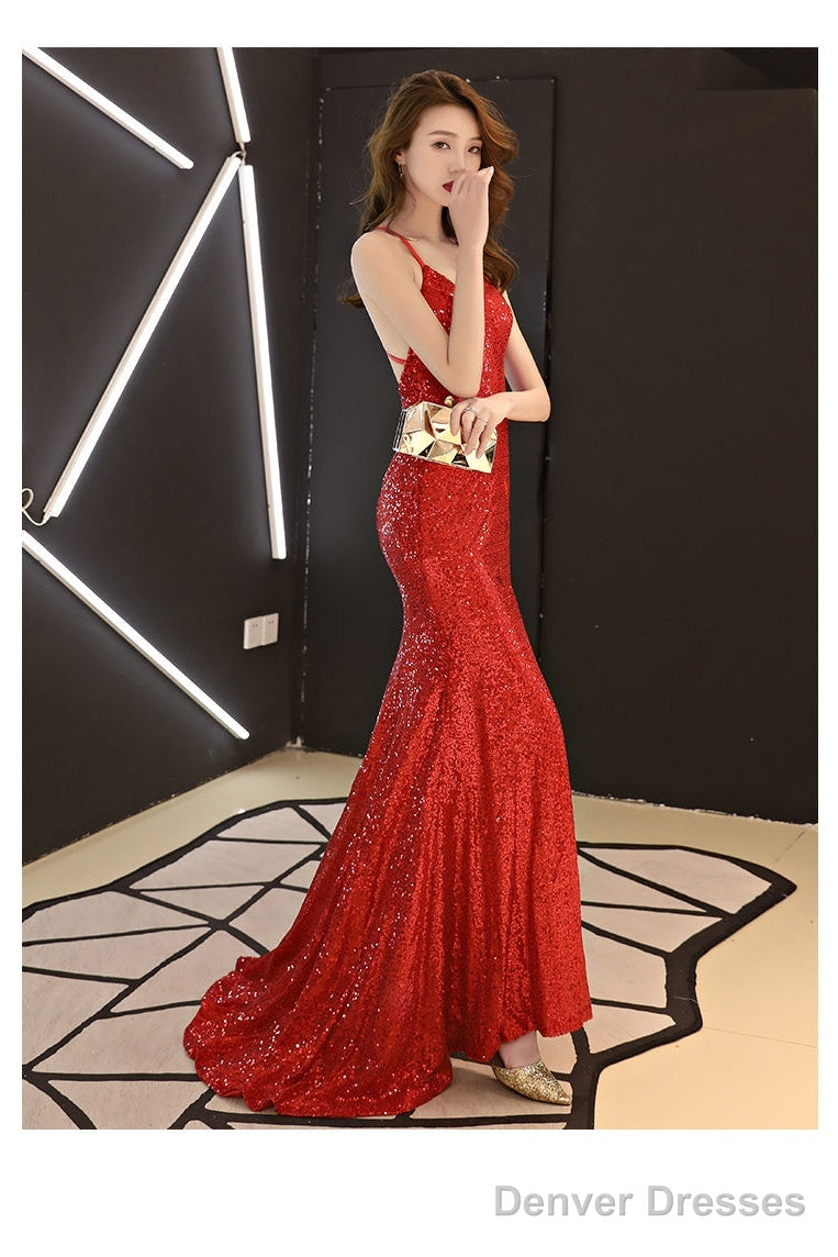 Sexy Sequins Long Slit Cross Back Junior Prom Dress, A-Line Party Dress Formal Dress