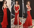 Sexy Sequins Long Slit Cross Back Junior Prom Dress, A-Line Party Dress Formal Dress