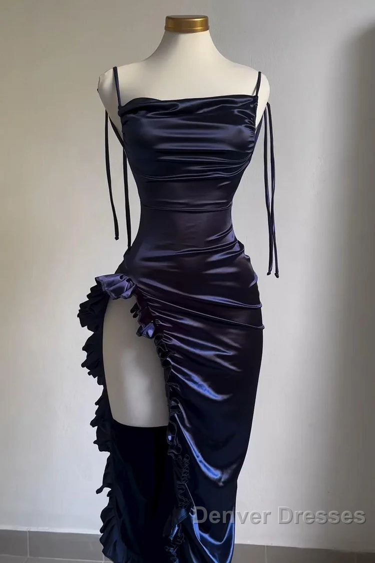 Sexy Sheath Column Spaghetti Straps Navy Blue Backless Satin Prom Dress Secondary image