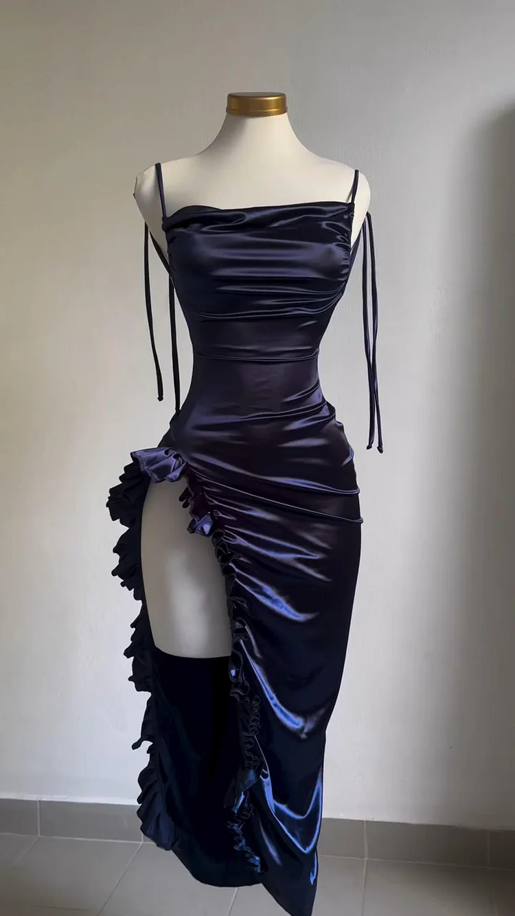Sexy Sheath Column Spaghetti Straps Navy Blue Backless Satin Prom Dress