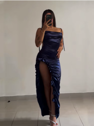 Sexy Sheath Column Spaghetti Straps Navy Blue Backless Satin Prom Dress