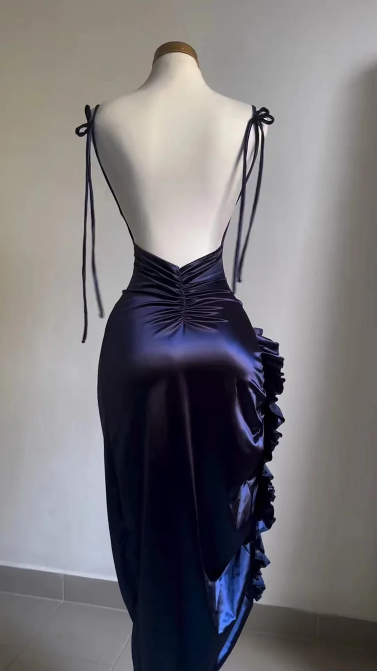 Sexy Sheath Column Spaghetti Straps Navy Blue Backless Satin Prom Dress Main image