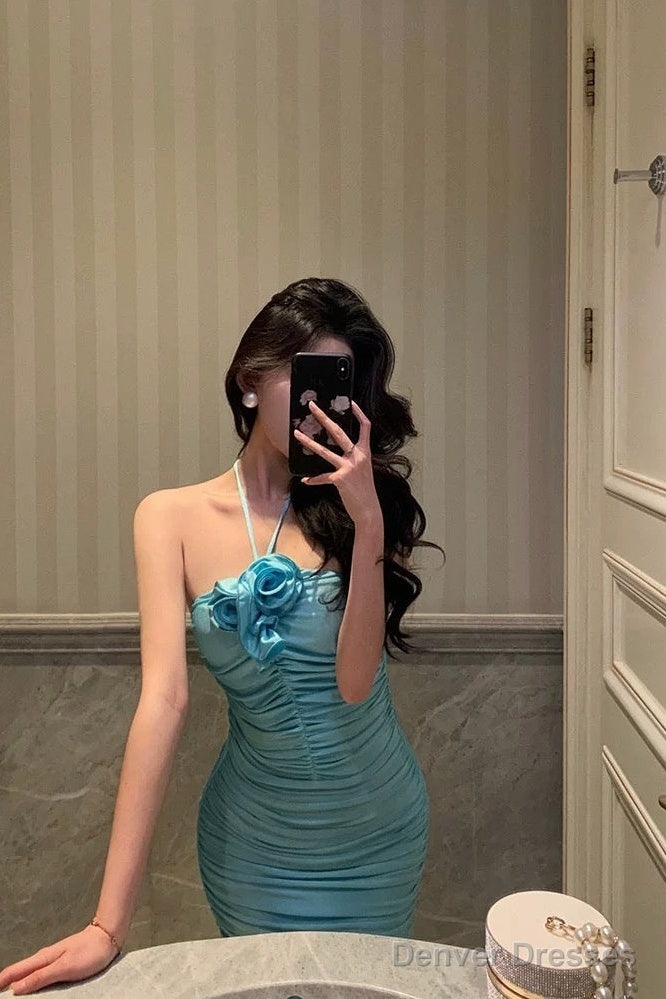Sexy Sheath Halter Blue Fold Long Prom Dresses Birthday Outfits