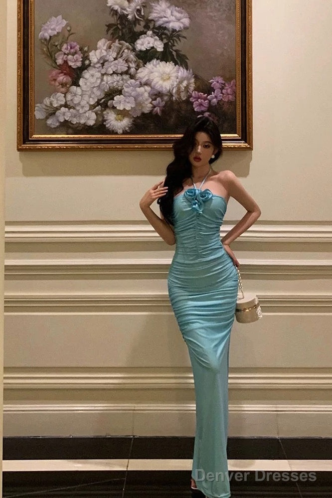 Sexy Sheath Halter Blue Fold Long Prom Dresses Birthday Outfits