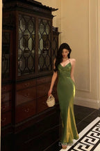 Sexy Sheath Halter Green Satin Date Night Dress Prom Dresses Birthday Outfits