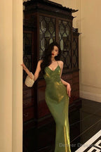 Sexy Sheath Halter Green Satin Date Night Dress Prom Dresses Birthday Outfits