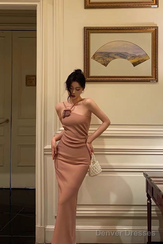 Sexy Sheath Halter Neckline Sleeveless Prom Dresses Birthday Outfits With Flower