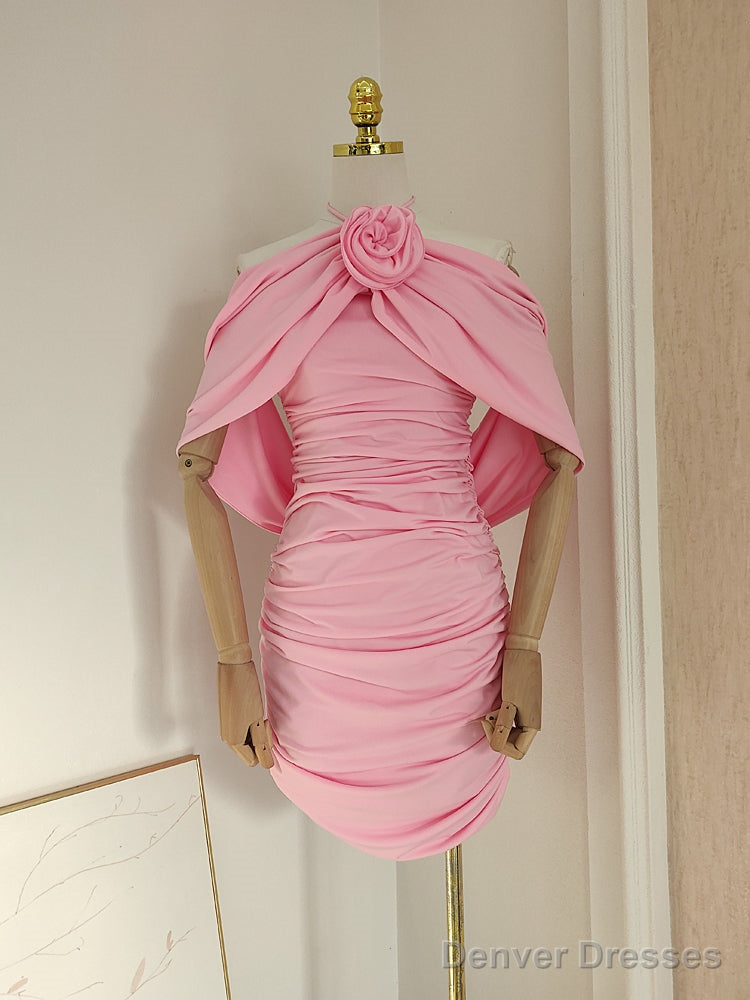 Sexy Sheath Halter Pink Floral Holiday Dress Travel Vacation Dresses Short Birthday Dress Main image