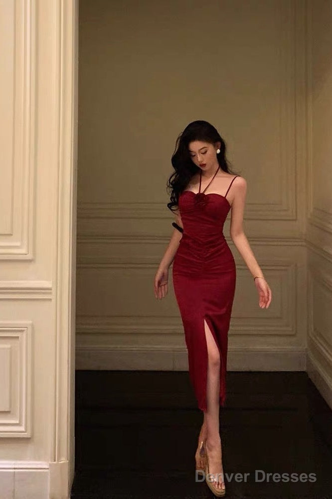 Sexy Sheath Halter Red Ankle Length Slit Prom Dresses Birthday Dress Secondary image