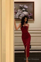 Sexy Sheath Halter Red Ankle Length Slit Prom Dresses Birthday Dress