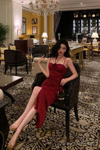 Sexy Sheath Halter Red Ankle Length Slit Prom Dresses Birthday Dress