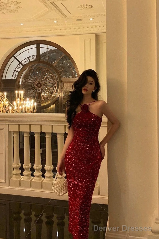 Sexy Sheath Halter Sleeveless Flower Sequin Date Night Dress Prom Dresses Birthday Outfits