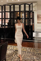 Sexy Sheath Halter Sleeveless White Tea Length Prom Dresses Birthday Outfits