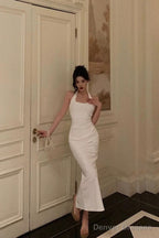 Sexy Sheath Halter Sleeveless White Tea Length Prom Dresses Birthday Outfits