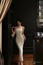 Sexy Sheath Halter Sleeveless White Tea Length Prom Dresses Birthday Outfits