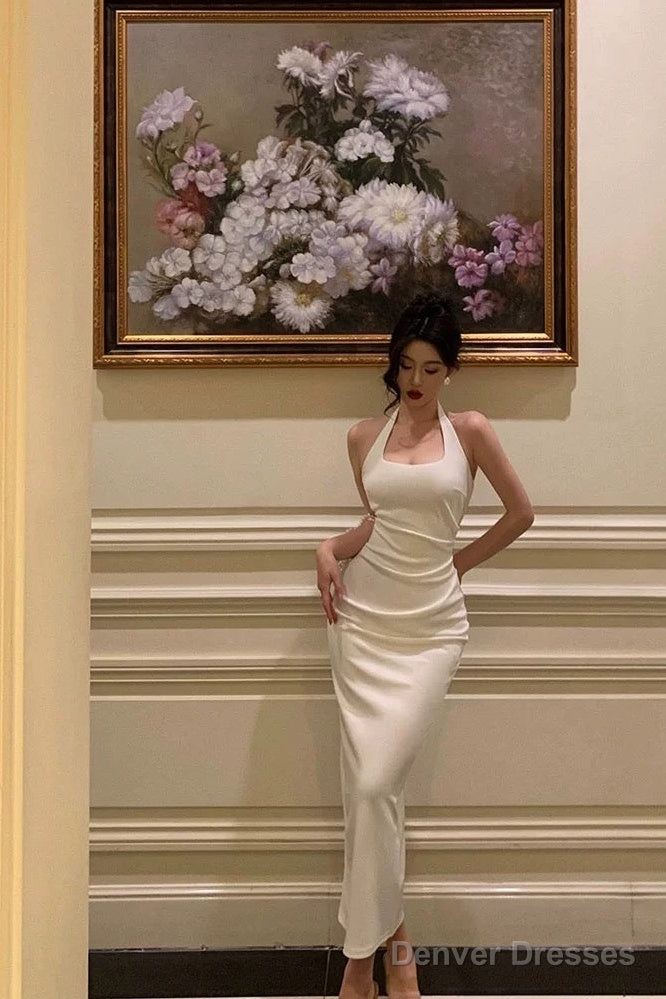 Sexy Sheath Halter Sleeveless White Tea Length Prom Dresses Birthday Outfits Main image