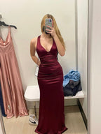 Sexy Sheath Halter V Neckline Burgundy Satin Slit Party Dress Long Prom Dress